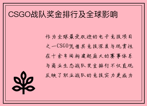 CSGO战队奖金排行及全球影响