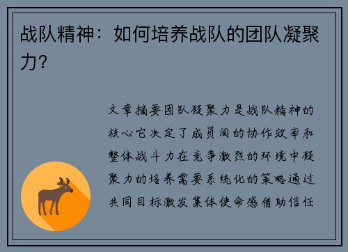 战队精神：如何培养战队的团队凝聚力？