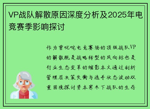 VP战队解散原因深度分析及2025年电竞赛季影响探讨