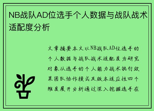 NB战队AD位选手个人数据与战队战术适配度分析